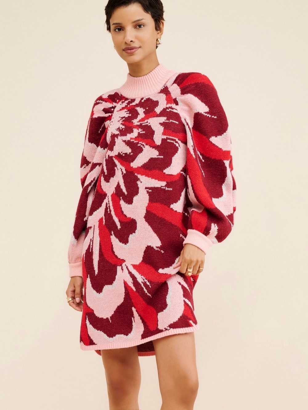 Medium farm Rio flower knit mini sweater dress pink red balloon sleeves